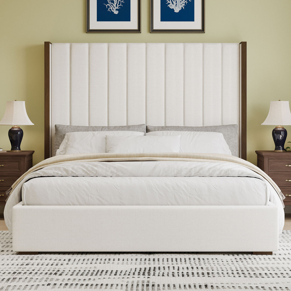 Tall Headboard Upholstered Bed With Vertical Striped And Wingback Design, Box Spring Needed