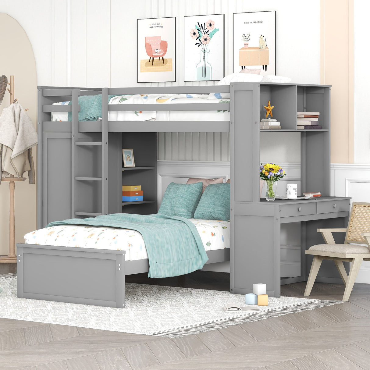 Loft Bed With A Stand Alone Bed, Shelves, Desk, And Wardrobe