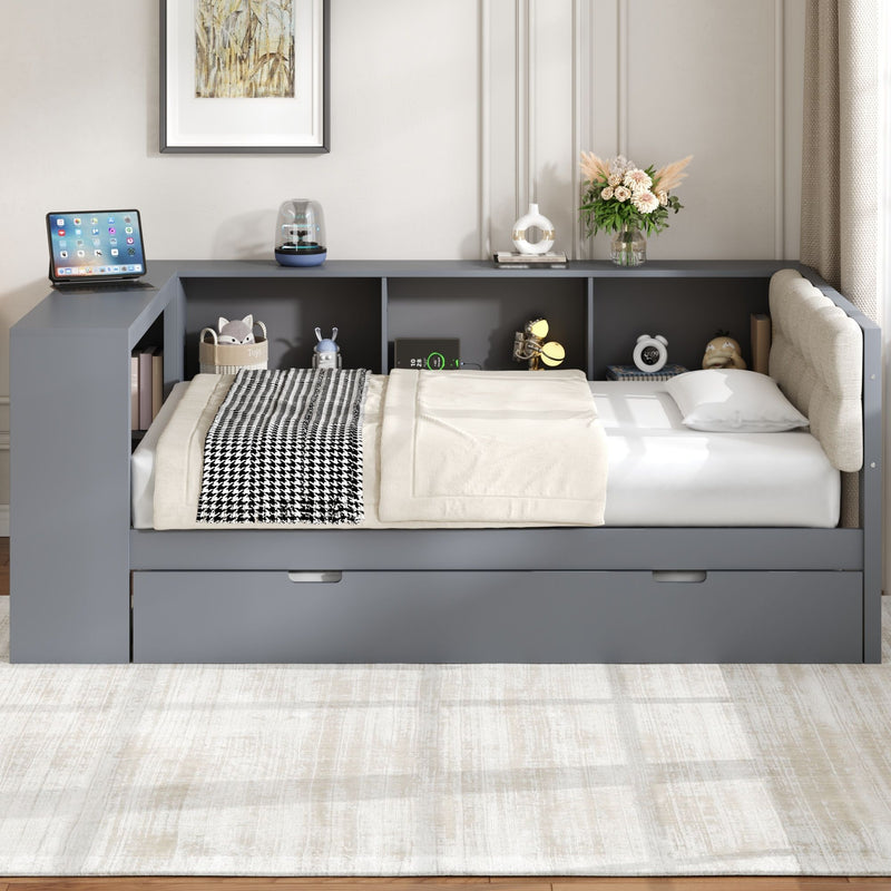 Upholstered Headboard Platform Bed With Storage Shelves, Trundle, Charging Station