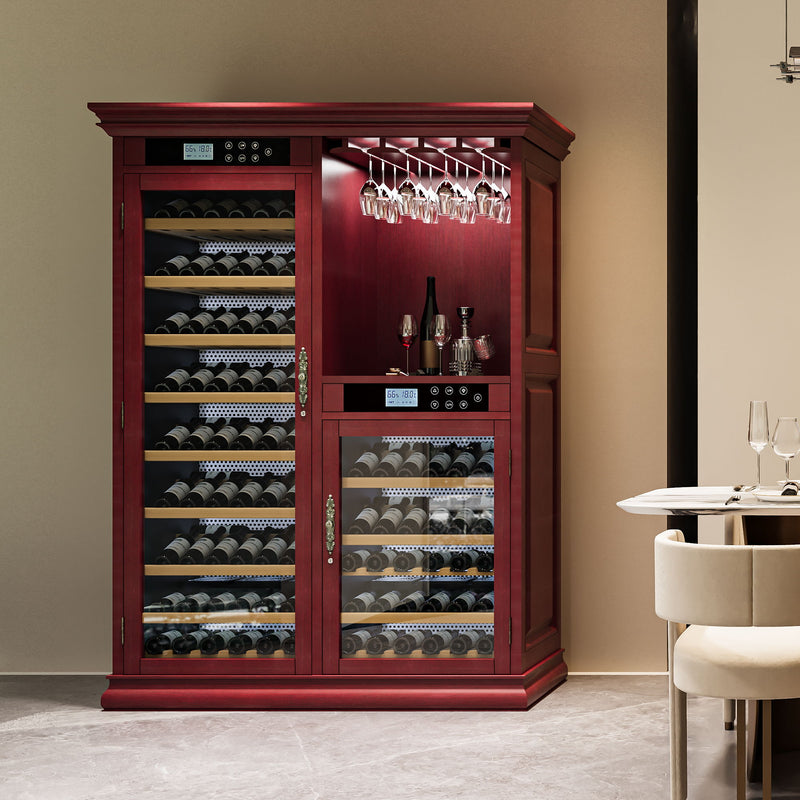 Wine Cooler With Dual Zone Temperature Control, Vacuum Insulated Door, LED Lighting, 158 Bottle Capacity - Cherry