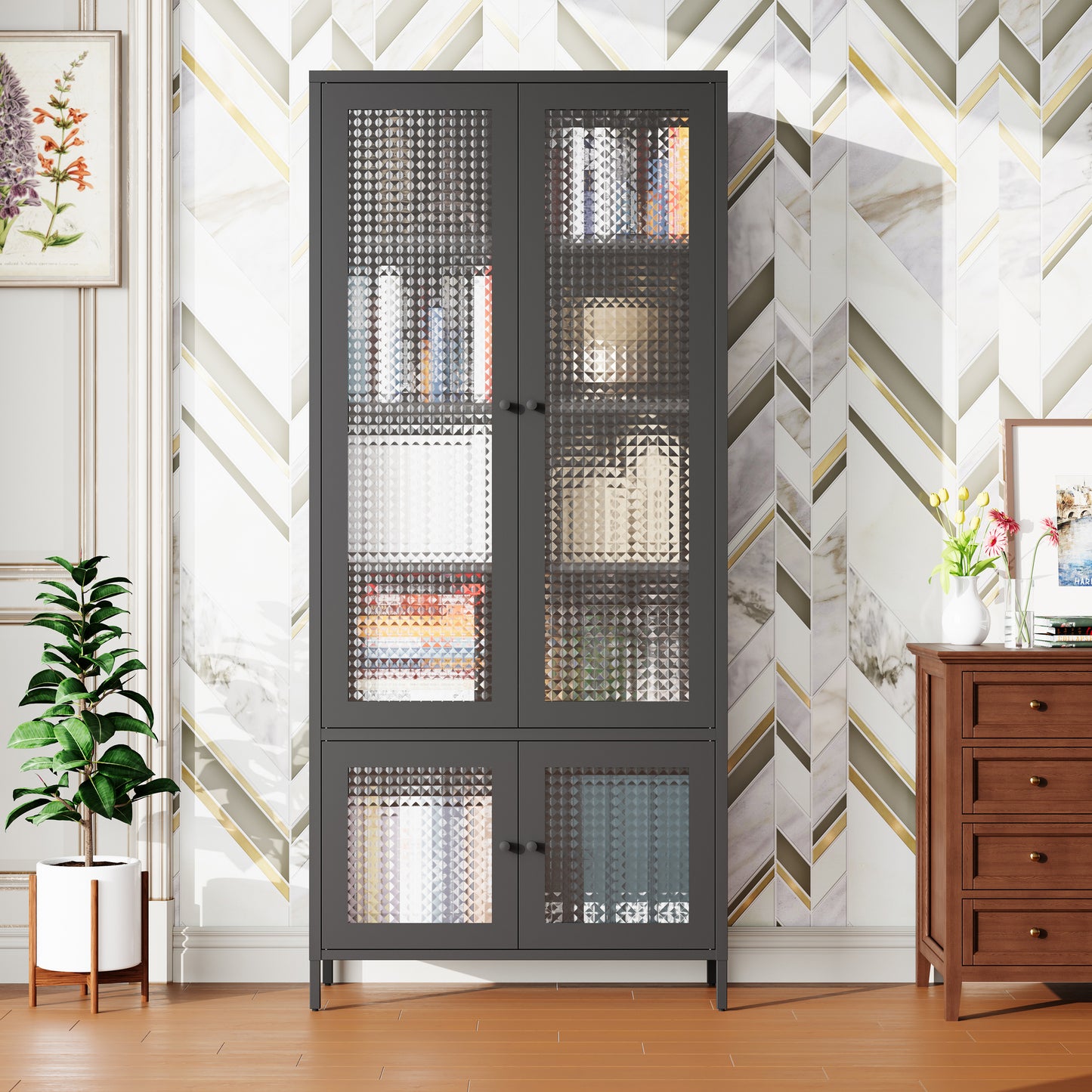 Large Metal Storage Cabinet Display Cabinet with 4 Glass Doors 5 Shelves Side Cabinet Bookcase Freestanding Cabinet for Bedroom Living Room Pantry Home Office - Black, Waffle-Grids  Tempered Glass