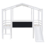Loft House Bed With Ladder And Slide, With Blackboard And Light Strip On The Roof