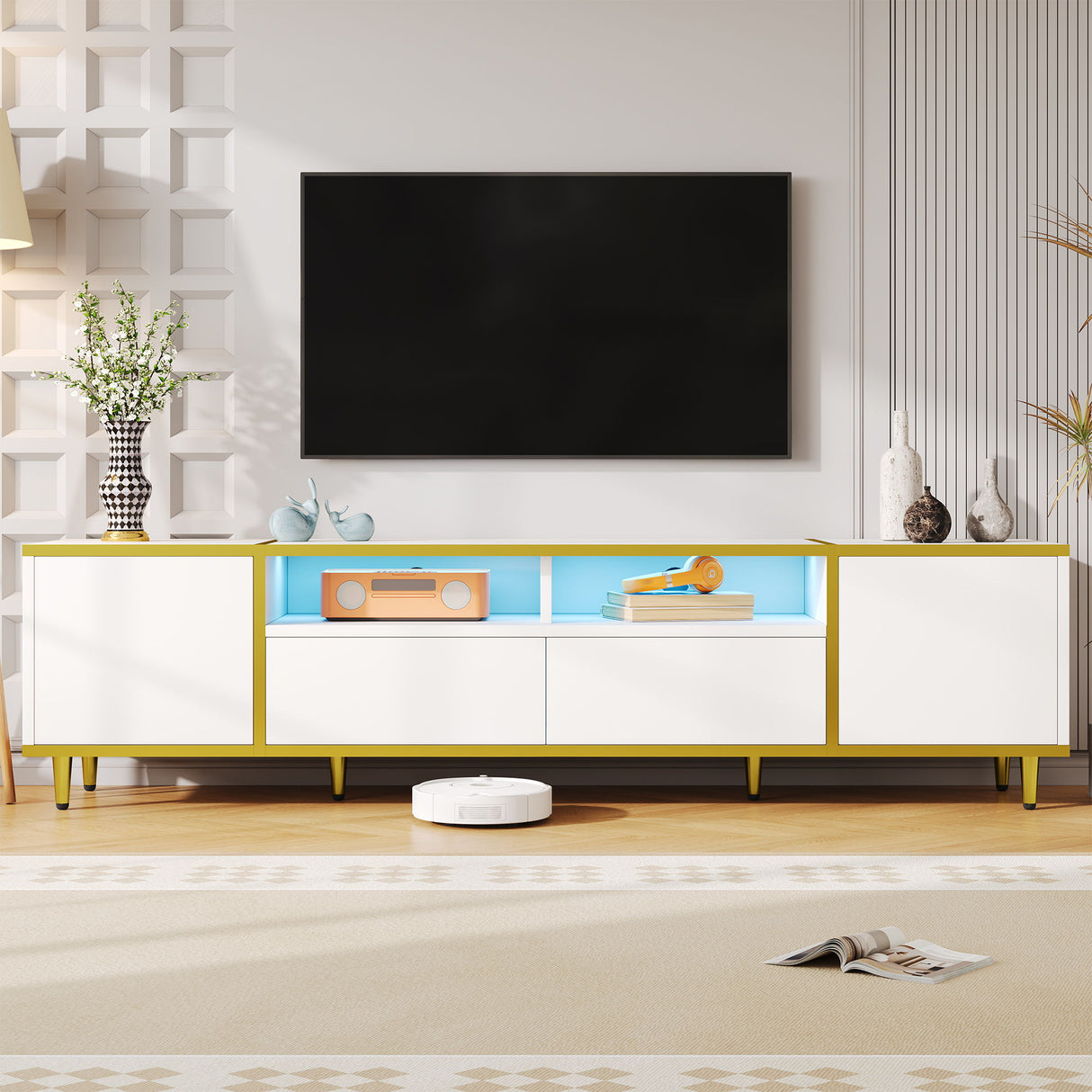 TV Stand For TVs Up To 80", Entertainment Center With 2 Shelves And LED Lights