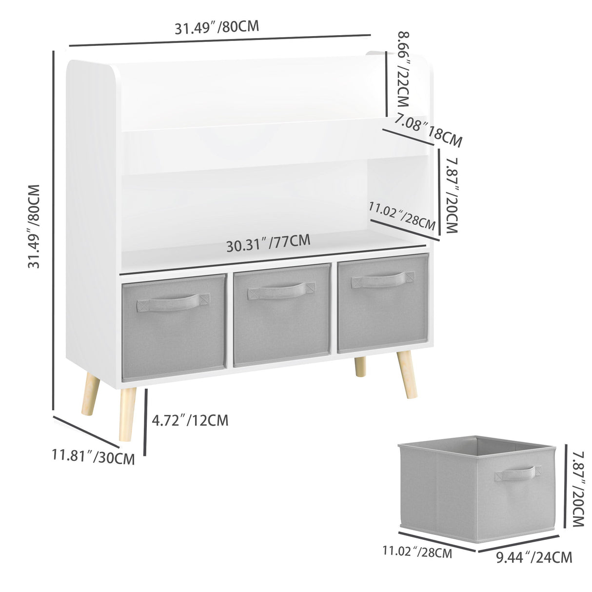 Bookshelf With 3 Bins, Storage Shelf For Toys And Books - White