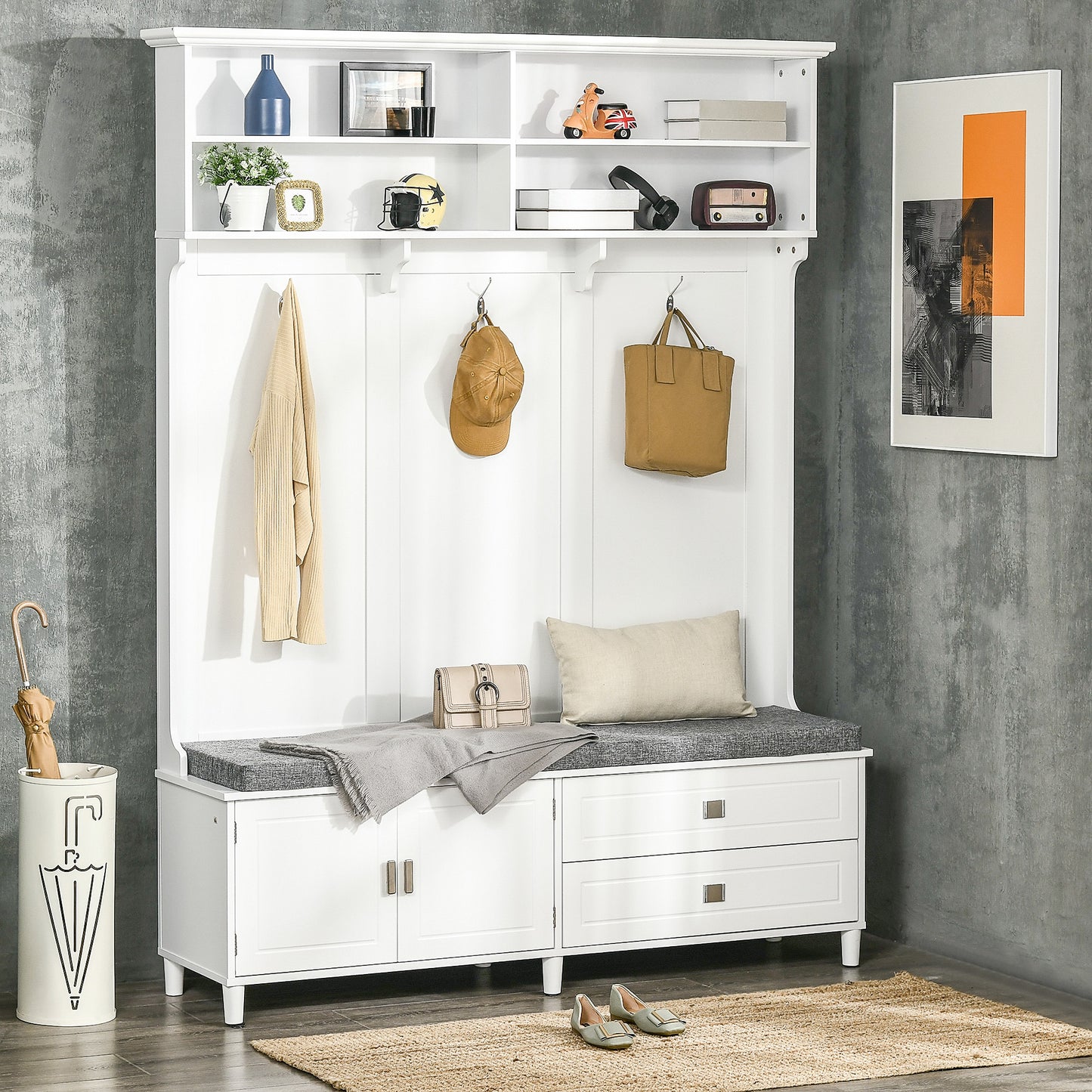 Hall Tree with Storage Bench, Entryway Bench with Coat Rack, Accent Coat Tree with Storage Shelves, Cabinet and Drawers for Hallway, Mudroom, White