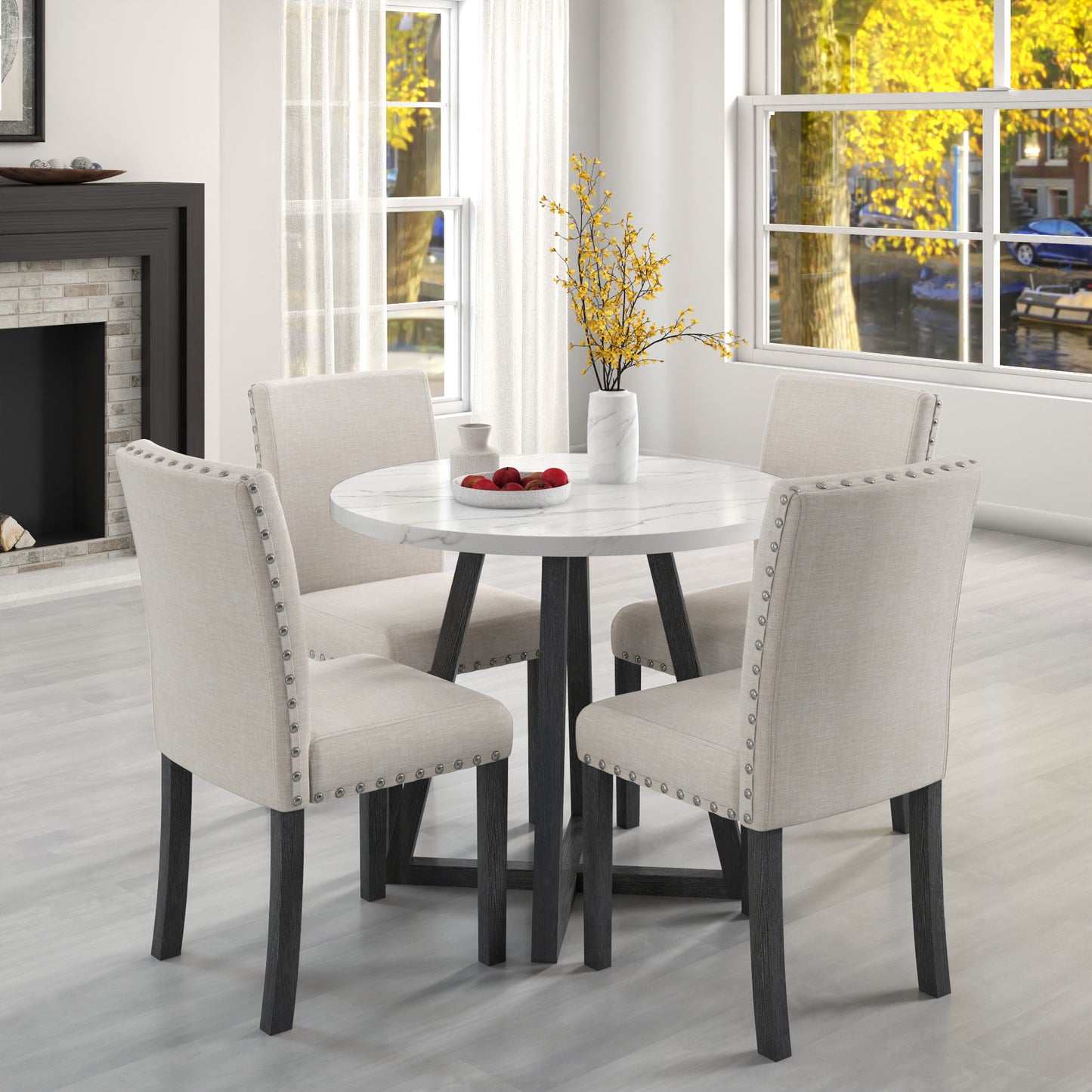 Five-piece dining room set with imitation marble table top, solid wood dining table and 4 chairs, space-saving kitchen and dining room combination furniture.