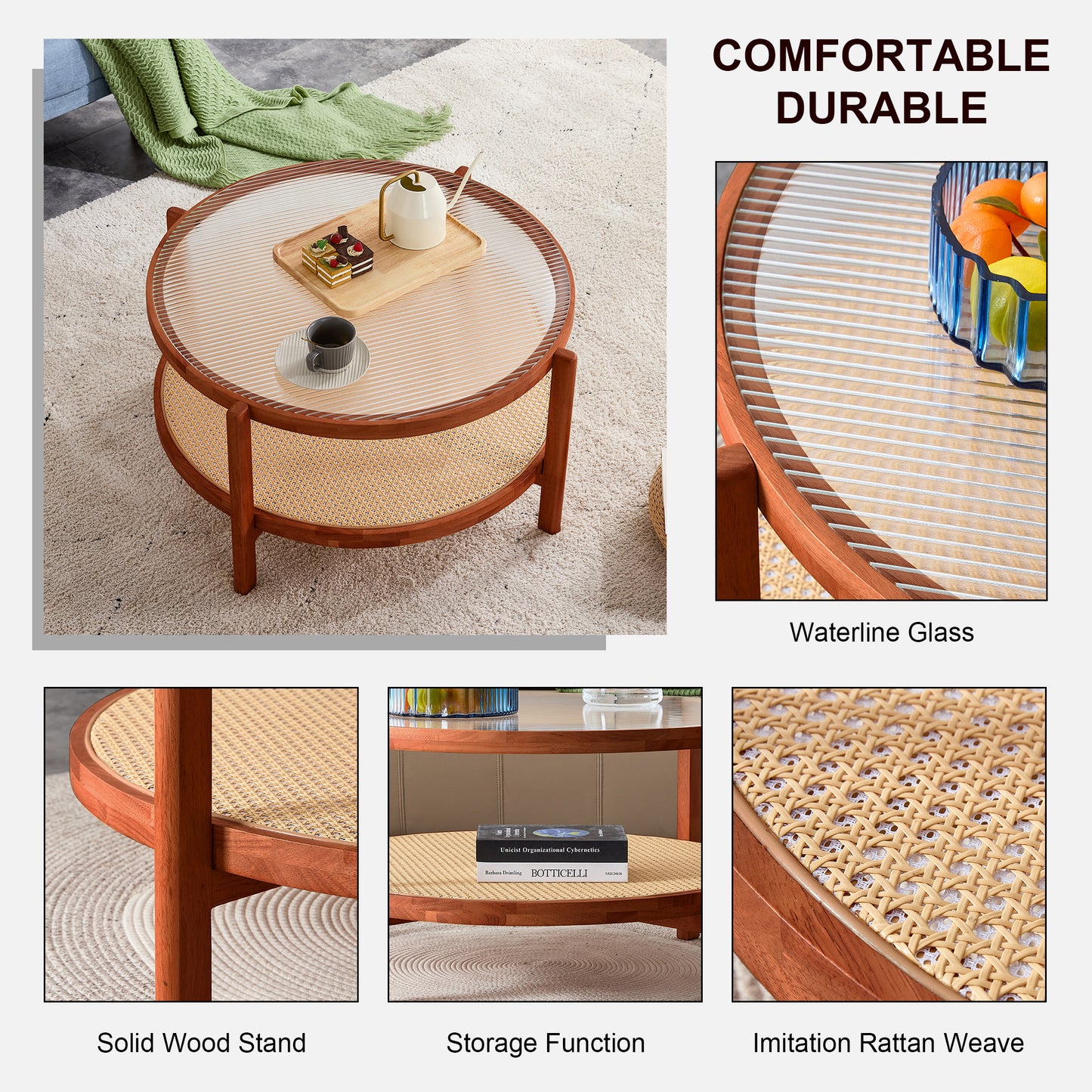 Modern minimalist circular double-layer solid wood coffee table, craft glass tabletop, second layer material: PE rattan, solid wood frame. 34.6 '* 34.6' * 17.7''