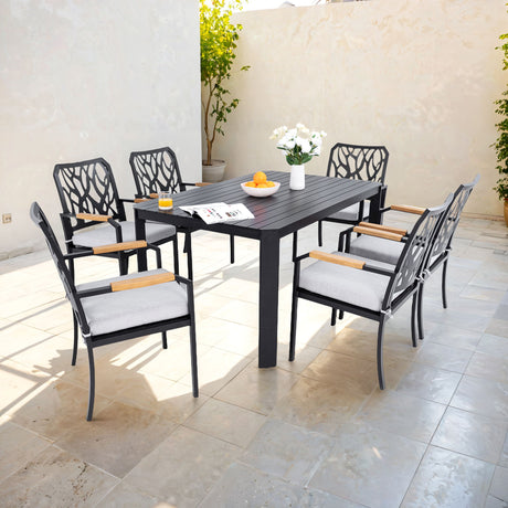 7 Pieces Outdoor Patio Furniture Set, Modern Dining Set With 6 Dining Chairs Sunbrella Fabric, Rectangular Table With Umbrella Hole - Bourbon Brown