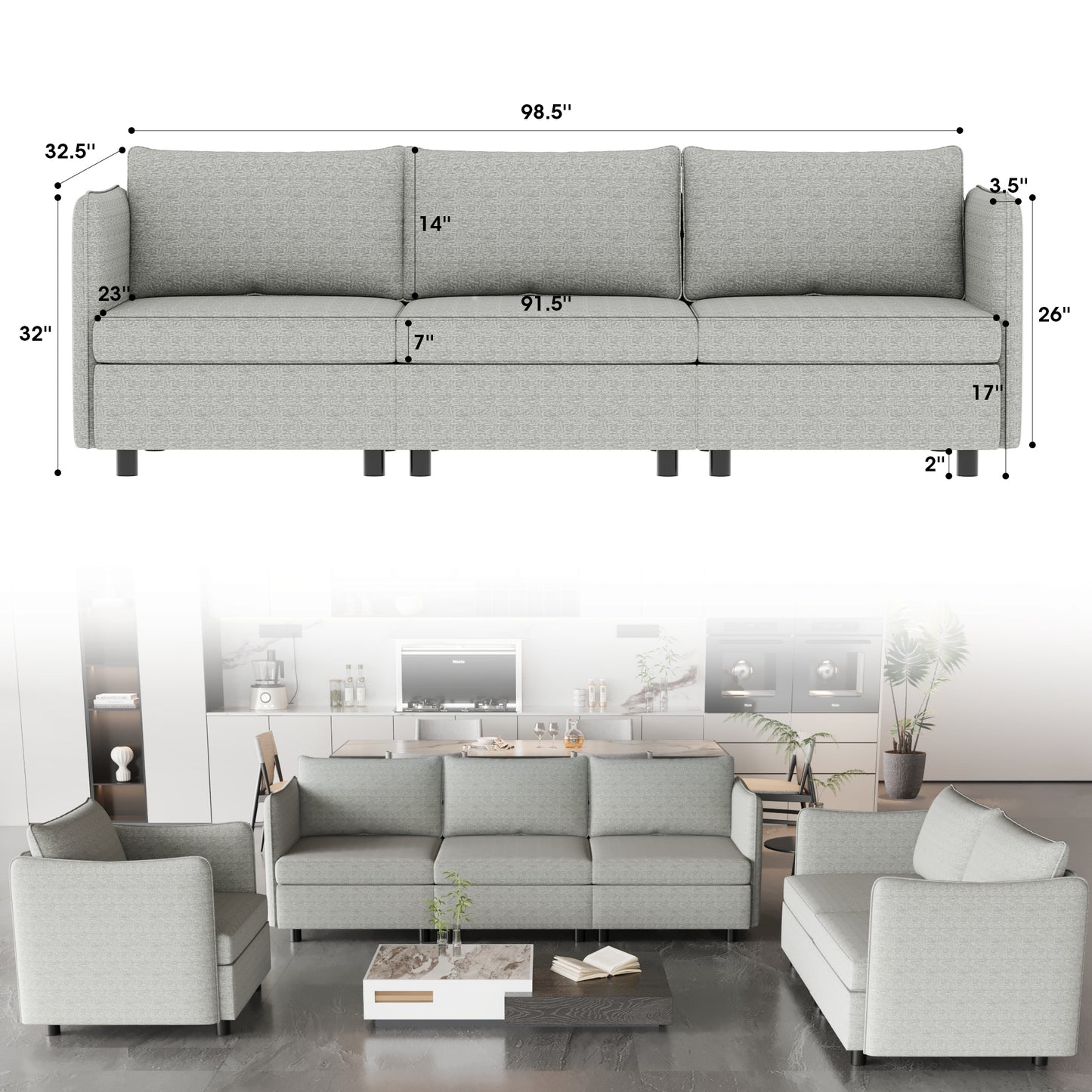 Modular Sectional Sofa, Convertible Sofa Seat With Storage, Sets Including Three seater Sofa & Couches,Loveseat and Single Chair (1+2+3 Seat) for Living Room