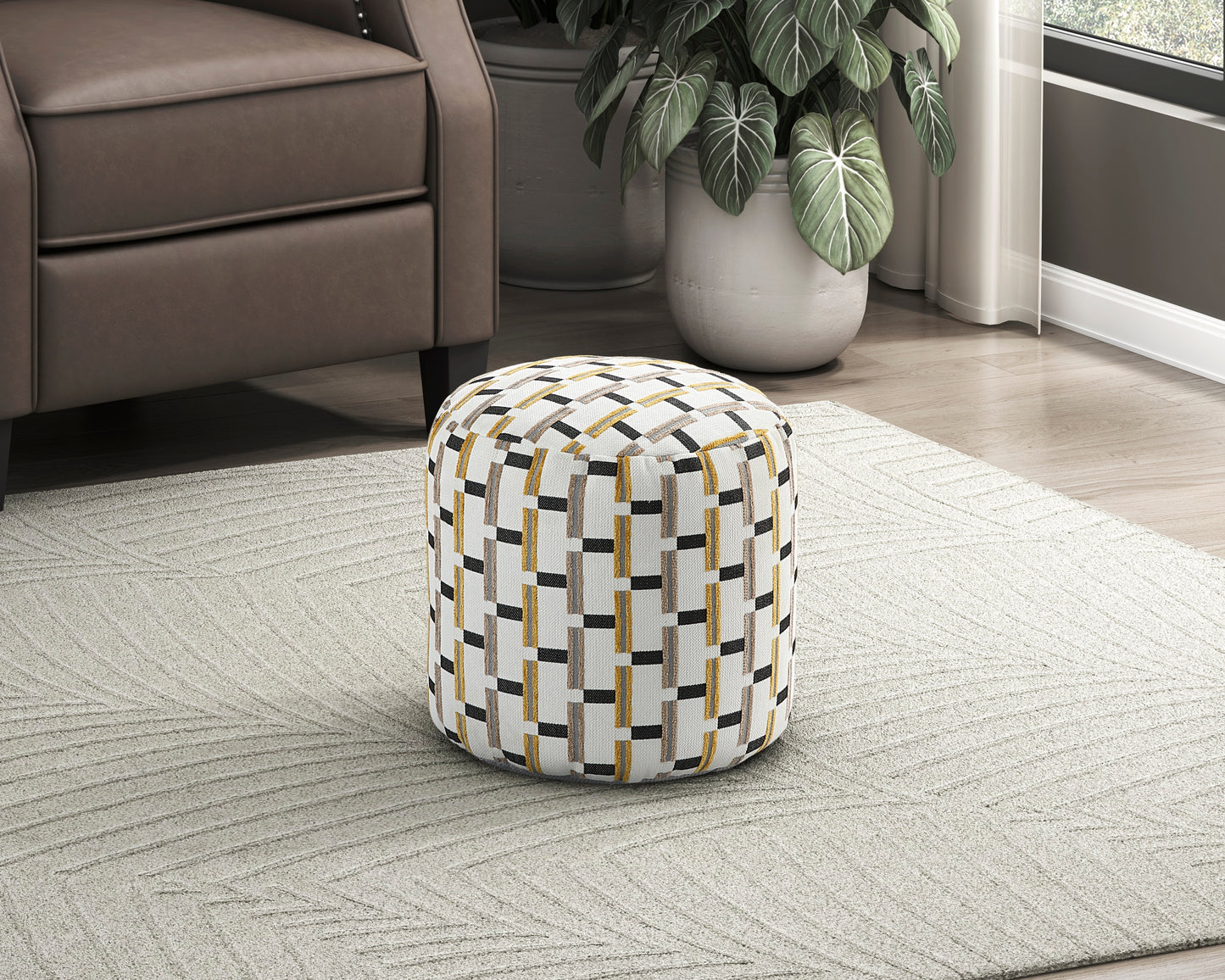 Cylindrical Pouf Multi-Color Jacquard Fabric Upholstery Modern Ottoman, Footstool, Non-Slip Floor Pouf, Bean Bag Chair, 1pc Sitting Pouf