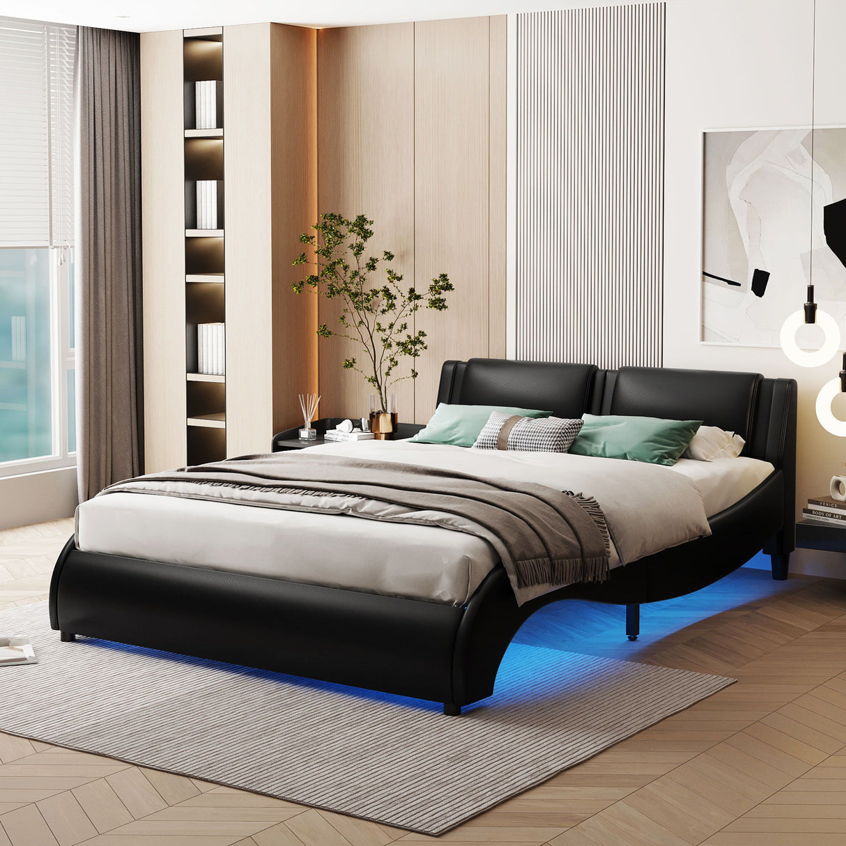 Upholstered Platform Bed With LED Light, Frame Slatted