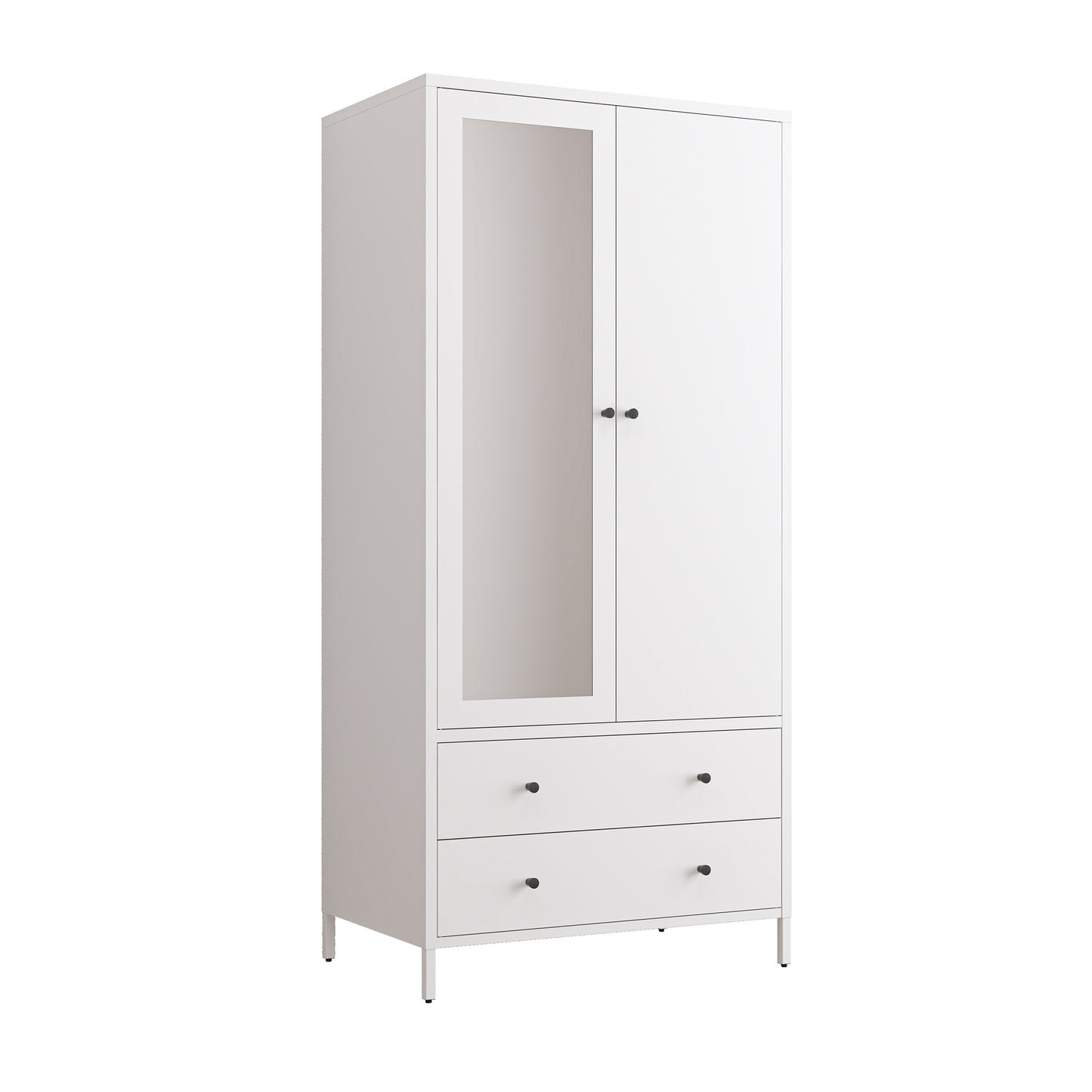 Metal Armoire Wardrobe Closet with 2 Drawers, Mirror Door and Hanging Rod, Metal Clothing Storage Cabinet, Garment Organizer with Magnetic Door - White