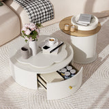 Modern Round Coffee Table (Set of 2), 360 Degree Rotatable Flower Shaped Top With 2 Drawers, Top Circle Side Table End Table With Glass For Living Room - Off White