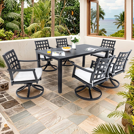7 Pieces Modern Classic Outdoor Patio Dining Set, Rectangular Table & 6 Swivel Rock Dining Chairs, Rust Free, Weather Resistant - Ember Black