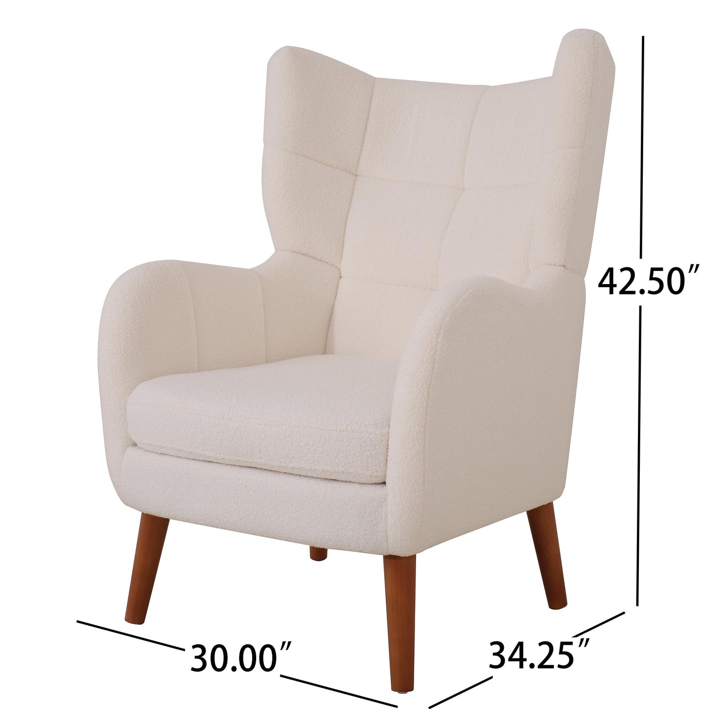 Mid-Century Ivory White High Back Accent/Club Chair with Thick Cushion, Modern Armchair with Round Arm and Birch Wood Legs, Teddy Wool Fabric, for Living Room, Office, Balcony, Bedroom and Study Room