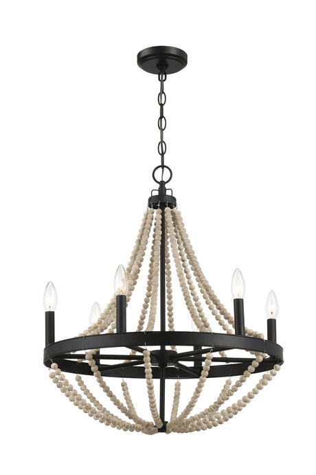 Starry - Chandelier Farmhouse Six Candle Light Wood Beaded Pendant Light For Dining Room - Black / Clear