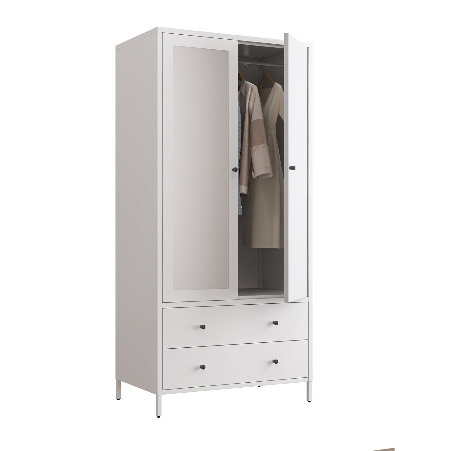 Metal Armoire Wardrobe Closet with 2 Drawers, Mirror Door and Hanging Rod, Metal Clothing Storage Cabinet, Garment Organizer with Magnetic Door - White