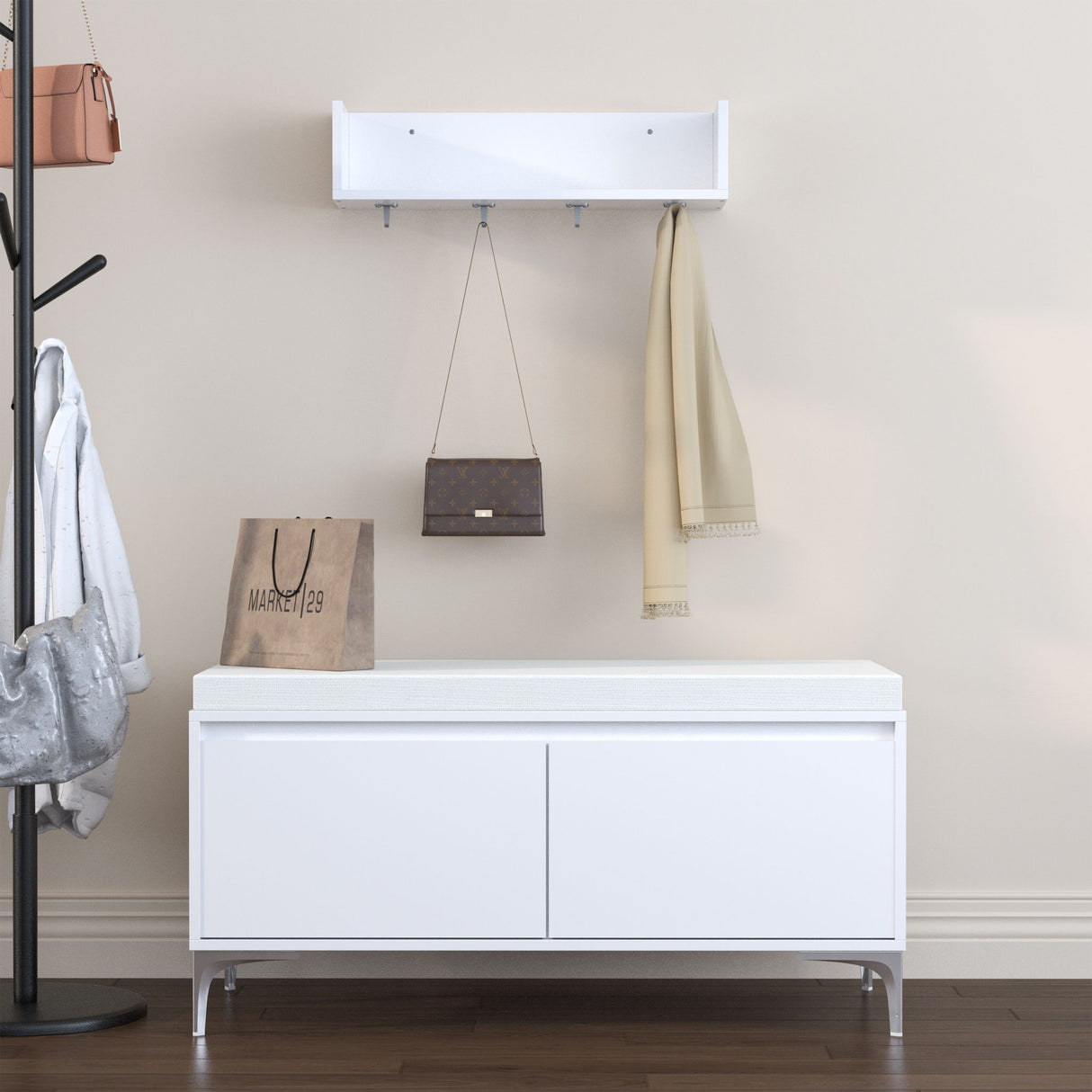 Wall Mounted Entryway Shelf With Hooks And Storage Bench Set - Off White