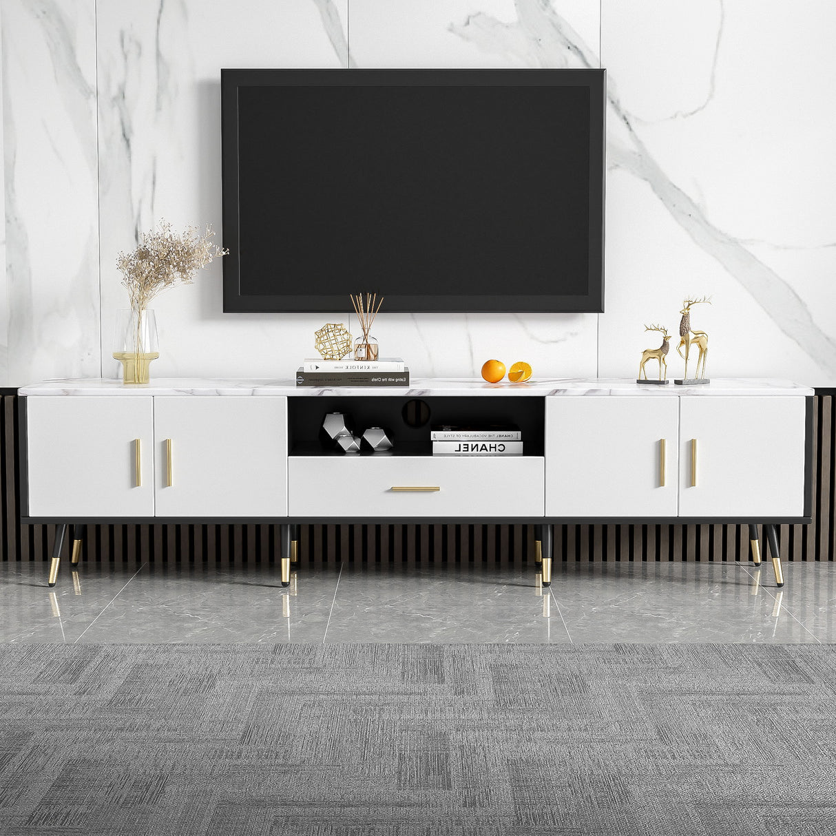 Modern TV Stand With 2 Cabinets & Open Compartments, Entertainment Center For Tvs Up To 80''