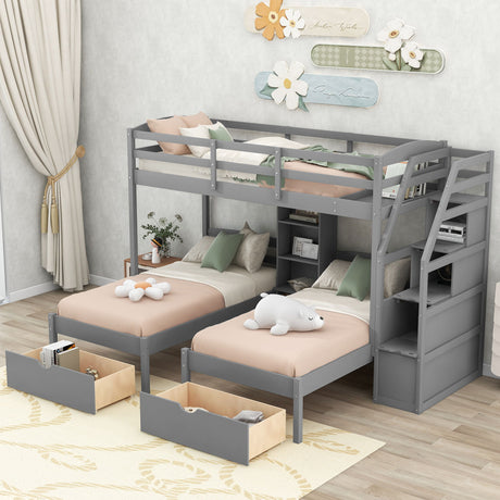 Twin Over Twin & Twin Bunk Bed With Drawers, Staircase Storage, Built In Shelves - Gray