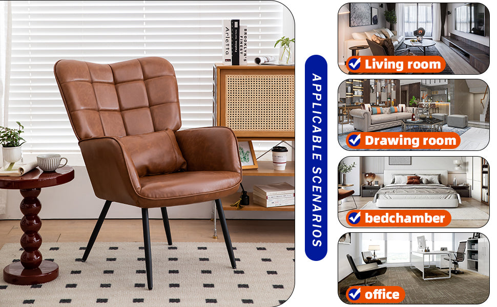 Bonded Leather Armchair, Modern Accent Chair High Back, Living Room Chairs with Metal Legs and Soft Padded, Sofa Chairs for Home Office,Bedroom,Dining Room (Brown-1pc)