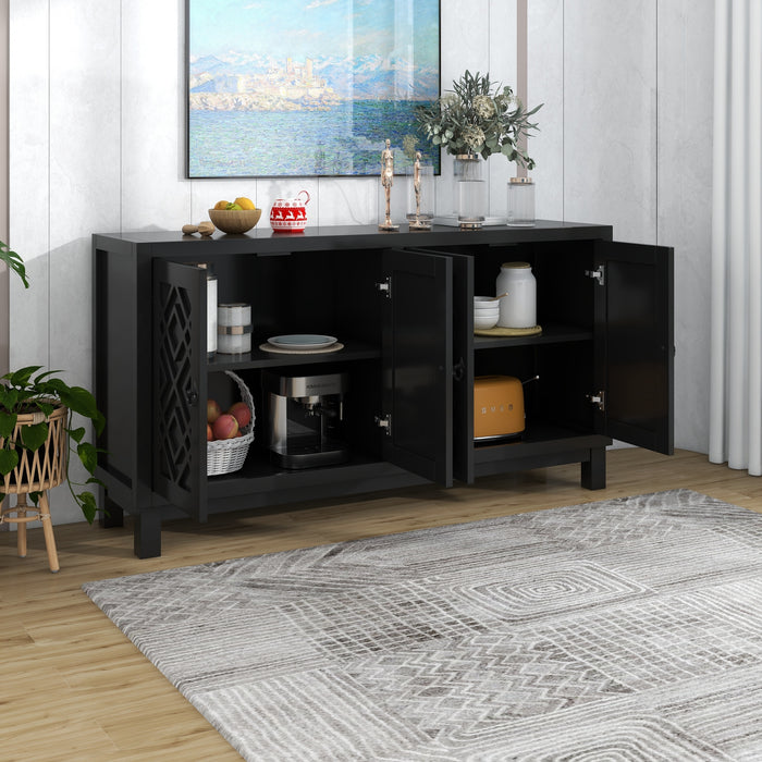 TREXM Large Storage Space Sideboard, 4 Door Buffet Cabinet with Pull Ring Handles for Living Room, Dining Room (Black)