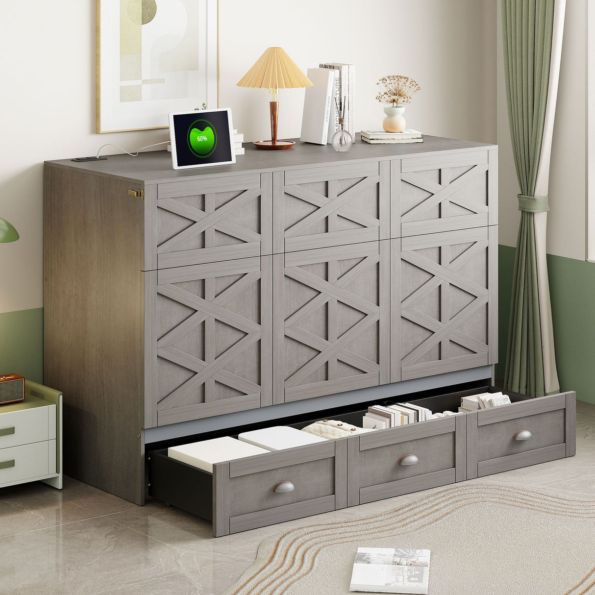 Murphy Bed With Large Drawers And USB Ports