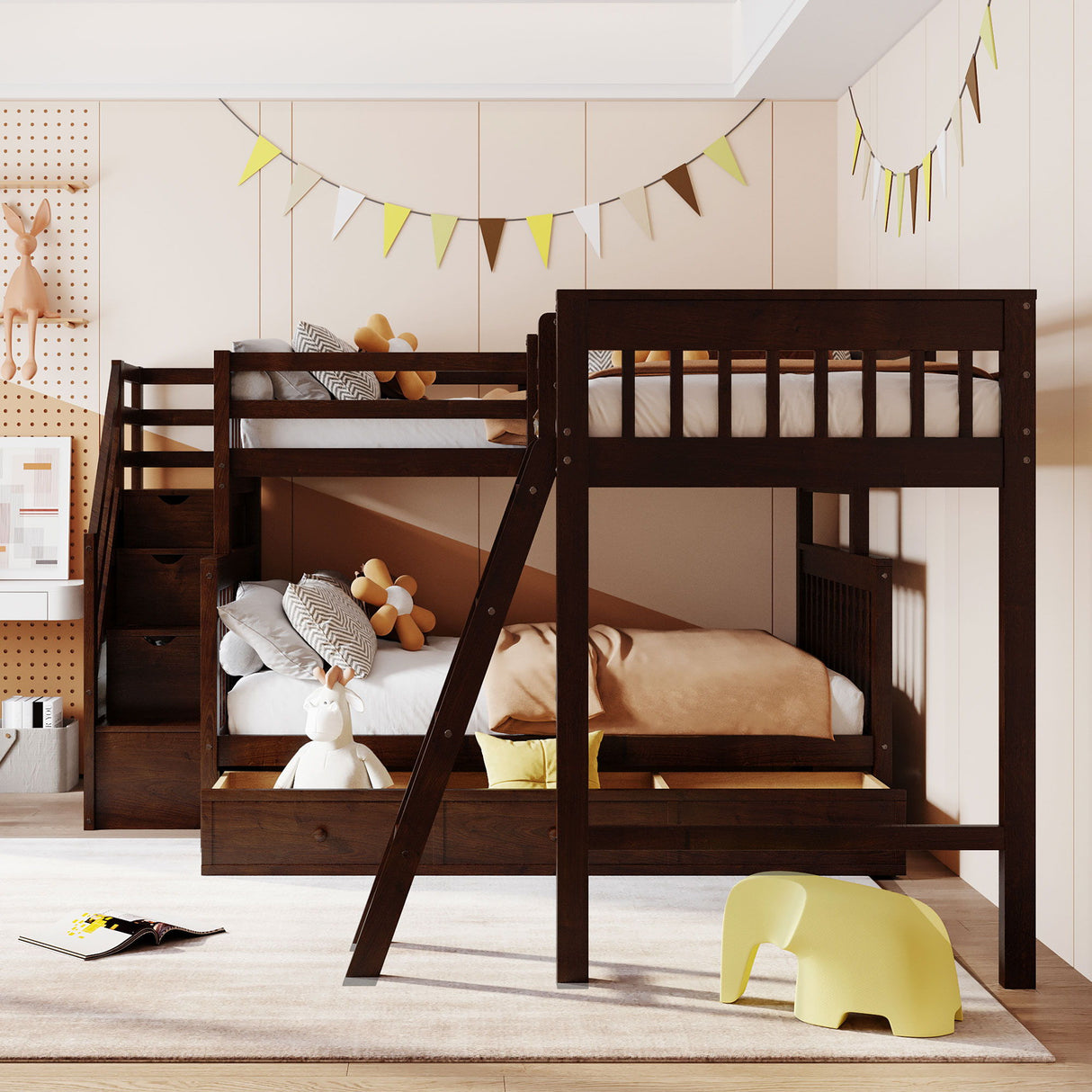 Solid L Shaped Bunk Bed With 3 Drawers, Ladder And Staircase