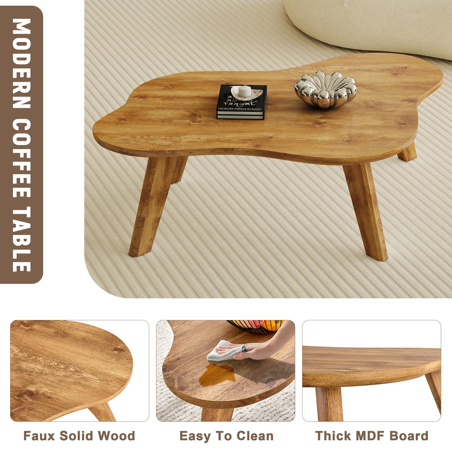 Modern minimalist wood color table top. Solid wood legs, cloud shape to give you a new experience, computer desk. The game table. Suitable for dining and living rooms.