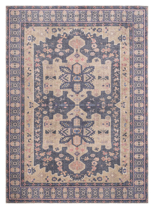 Traditional, Transitional, Oriental, Medallion, Border, Distressed Textured Cut and Loop Pile 7'6" x 10' Rectangle Area Rug