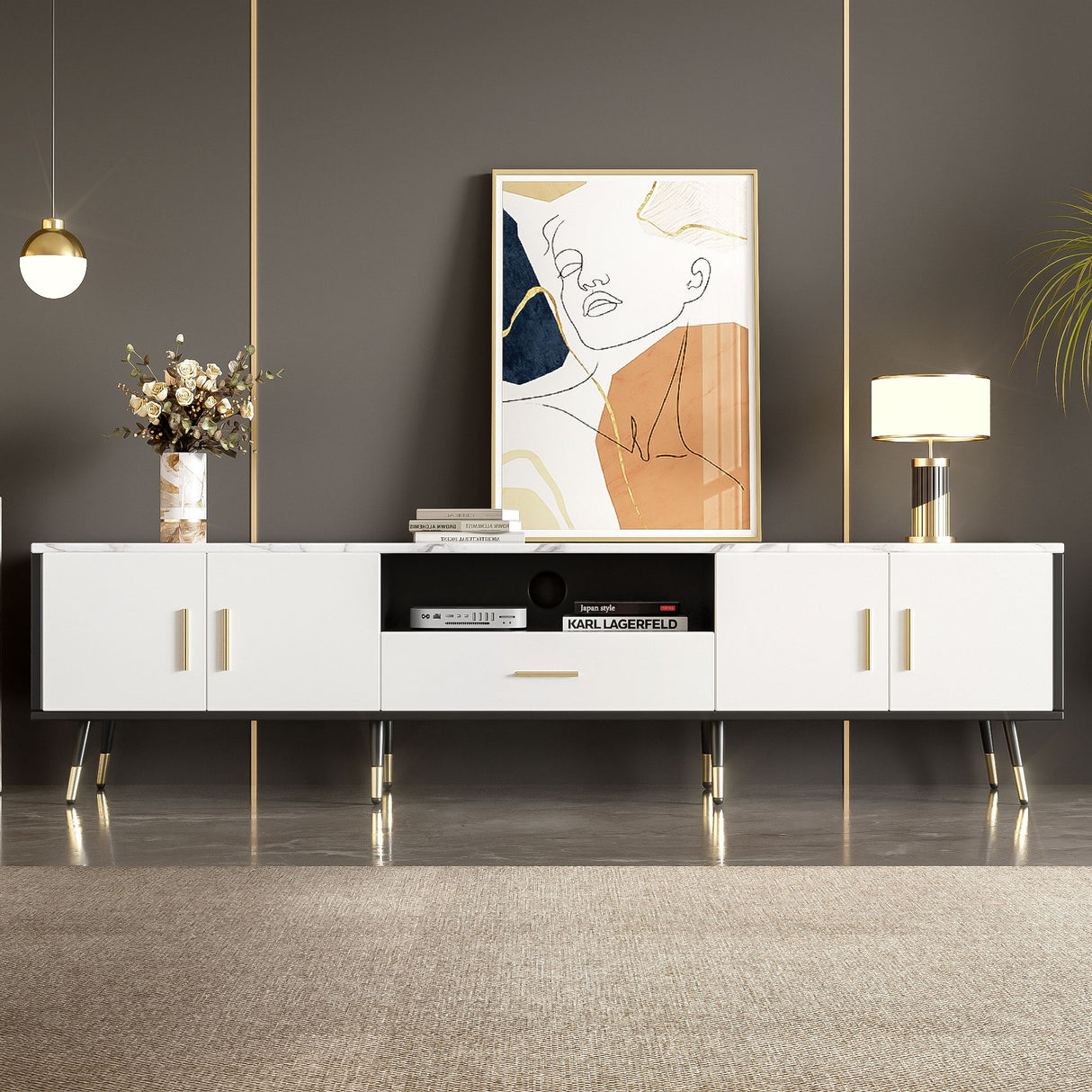 Modern TV Stand With 2 Cabinets & Open Compartments, Entertainment Center For Tvs Up To 80''