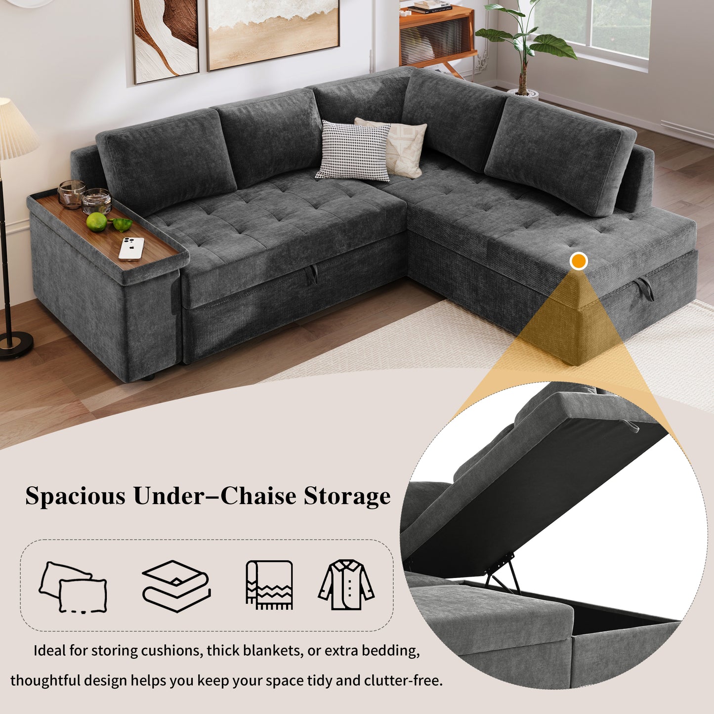 Mirod 91.5-Inch L Shaped Couch with Pull Out Bed and Storage Sectional Sleeper Sofa with Hidden Storage , Wide Armrest with storage,for Living Room, Apartment, Bedroom, Office