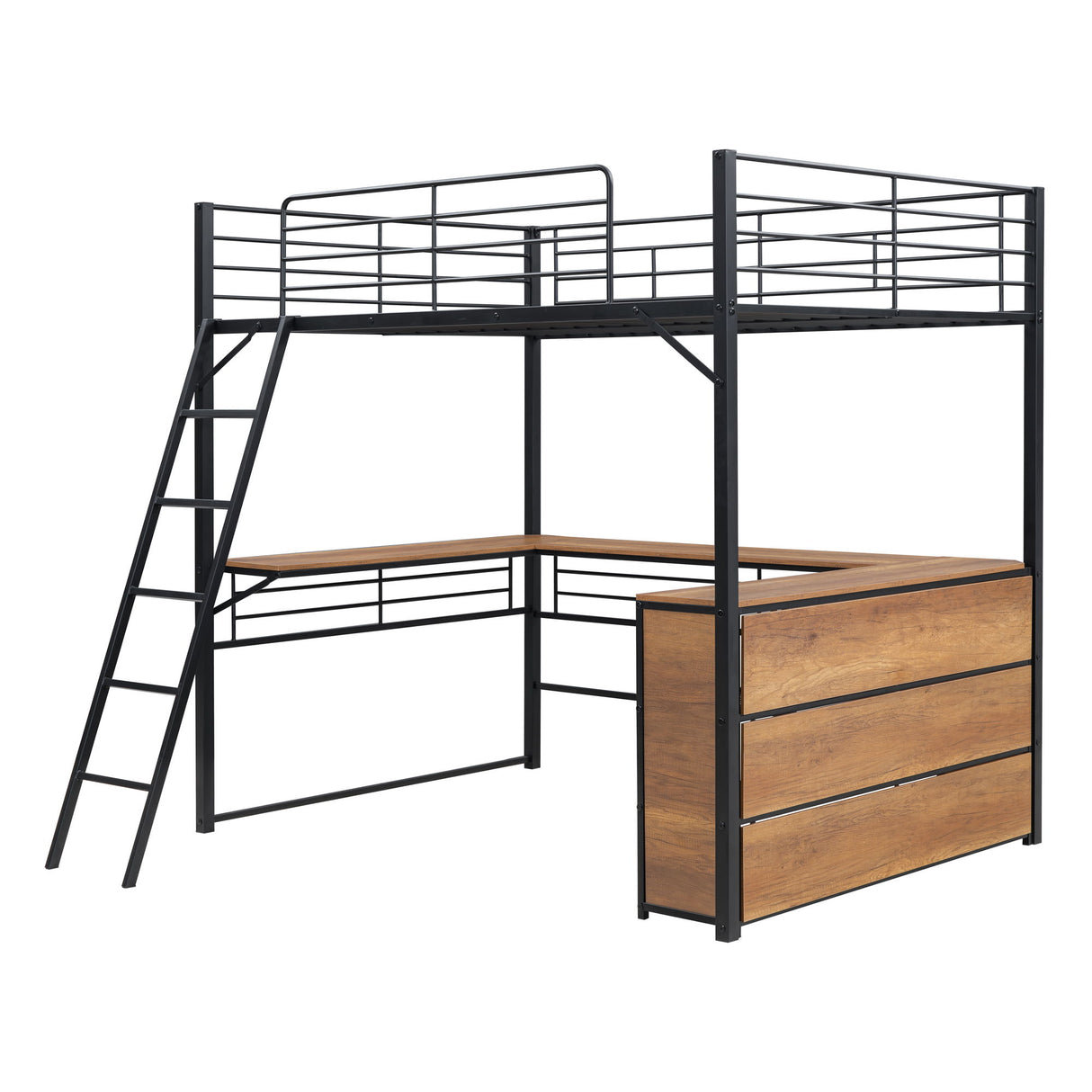 Loft Bed & 3 Layers Of Shelves And L-Shaped Desk