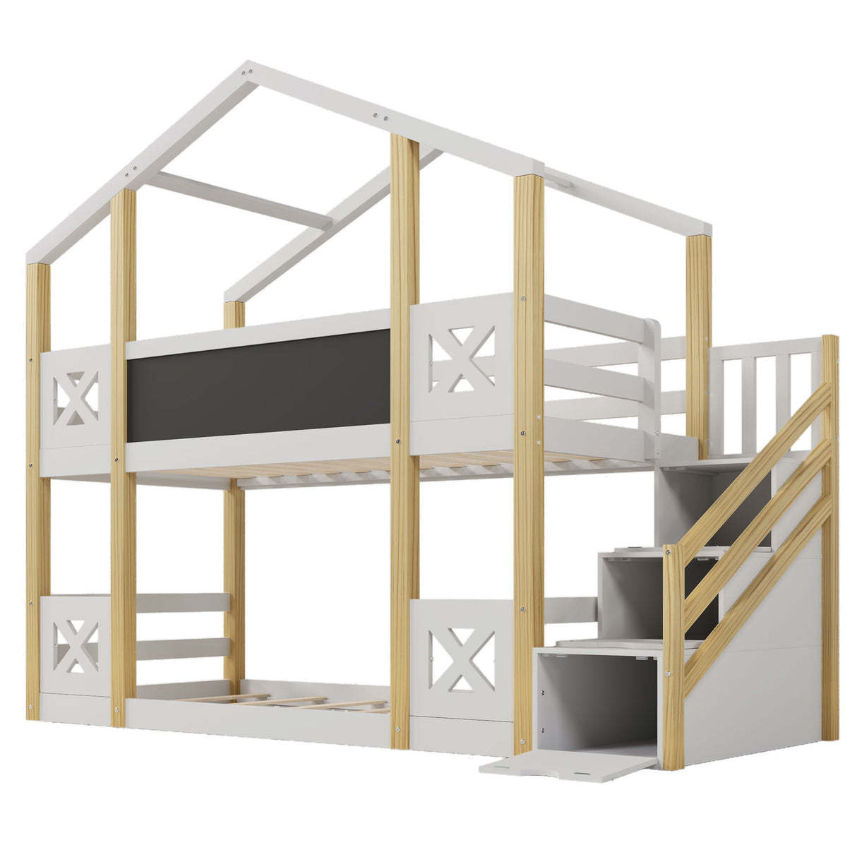 Twin Over Twin House Bunk Bed With White Storage Staircase And Blackboards - White