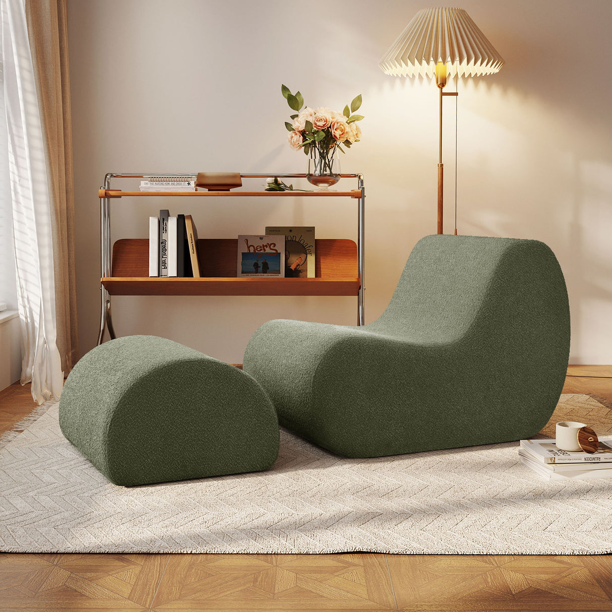 Curved Lounge Chair With Ottoman And High Resilience Foam