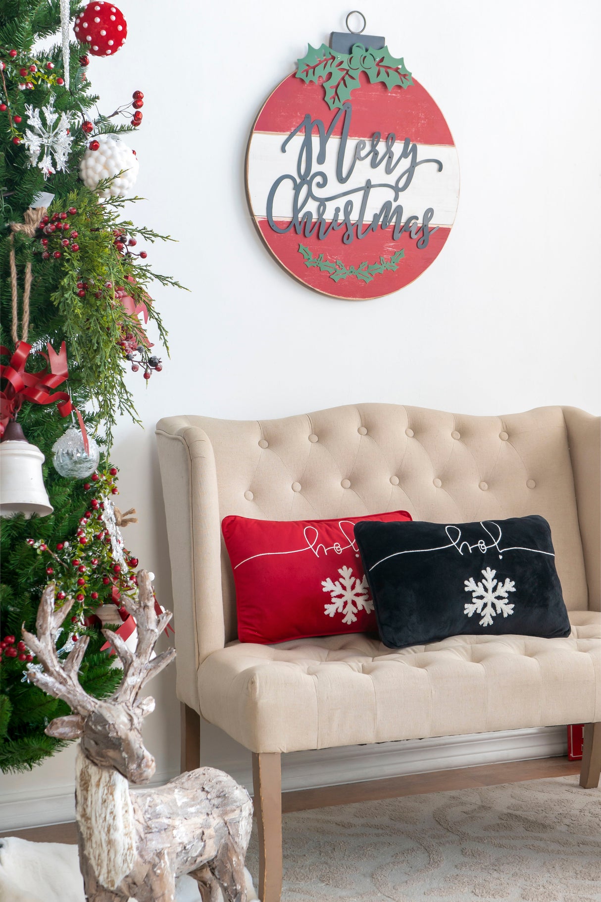 Velvet Pillow With Embroidered Joy And Frosty Snowflake, For Christmas Halloween Holiday Decor (Set of 2) - Black / Red