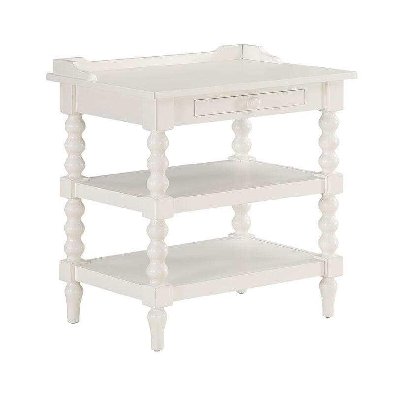 Aria - Nightstand With Styling, 2 Shelves, Pull Out Tray, Spool Turned Legs - Antique White