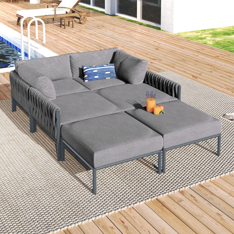 6 Pieces Aluminum Patio Furniture Set, Modern Metal Outdoor Conversation Set Sectional Sofa With Removable Olefin Extra Thick Cushions Cushion - Gray