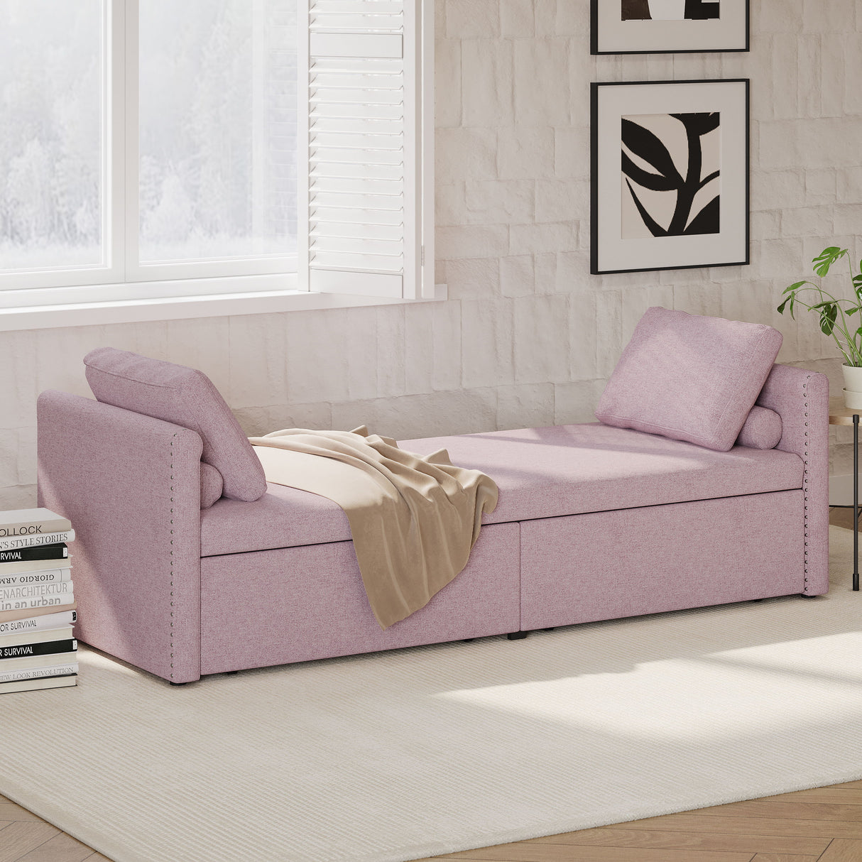 Modern Upholstered Chaise Lounger Daybed With Pillows Small Single Daybed, No Mattress Needed