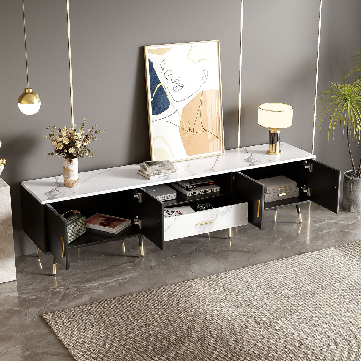 Modern TV Stand With 2 Cabinets & Open Compartments, Entertainment Center For Tvs Up To 80''