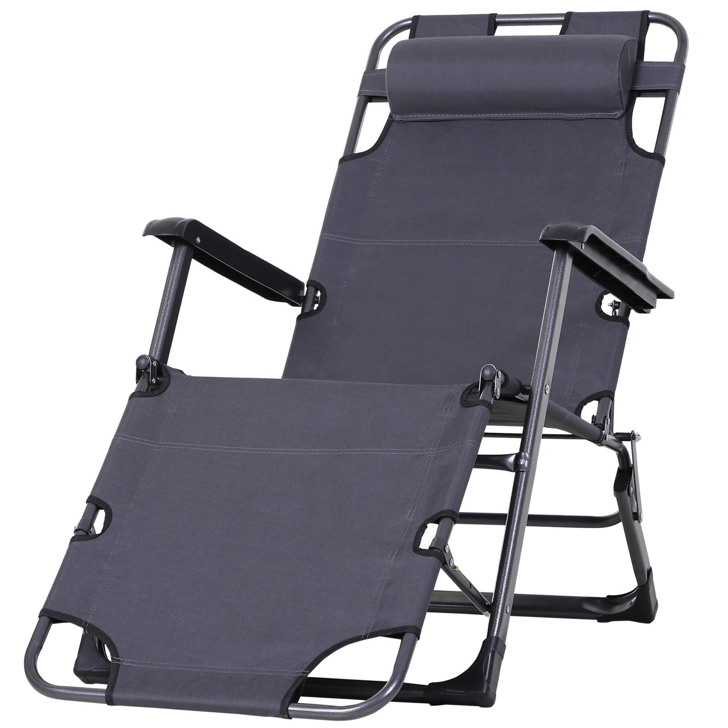 Outsunny Folding Chaise Lounge Chair for Outside, 2-in-1 Tanning Chair with Pillow & Pocket, Adjustable Pool Chair for Beach, Patio, Lawn, Deck, Gray