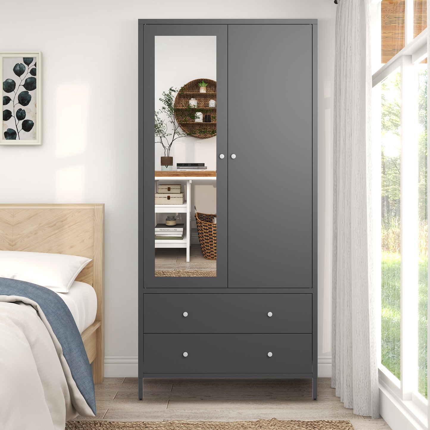 Metal Armoire Wardrobe Closet with 2 Drawers, Mirror Door and Hanging Rod, Metal Clothing Storage Cabinet, Garment Organizer with Magnetic Door - Dark Grey