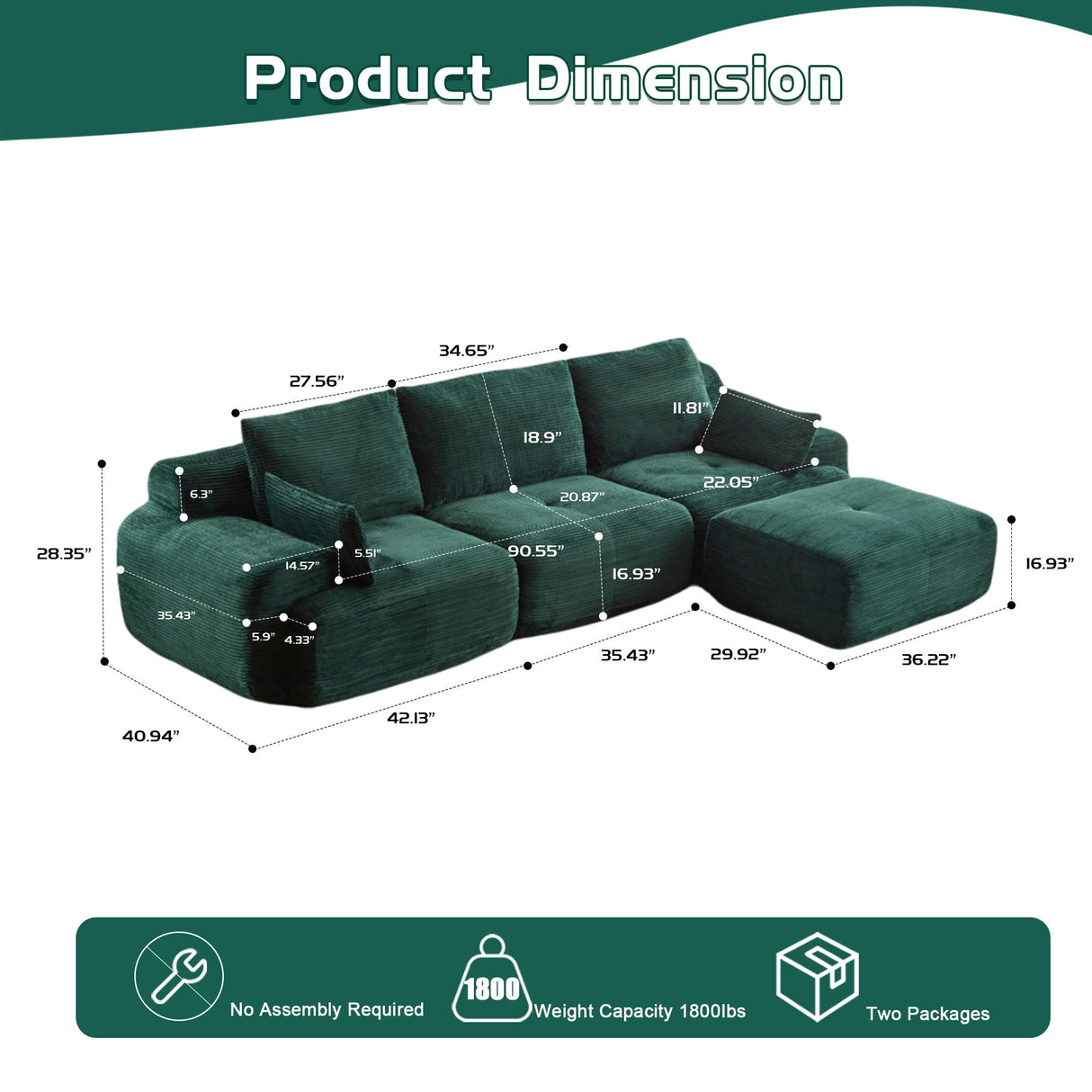 Compressed Sofa, Large Sectional Couches For Living Room, - Green