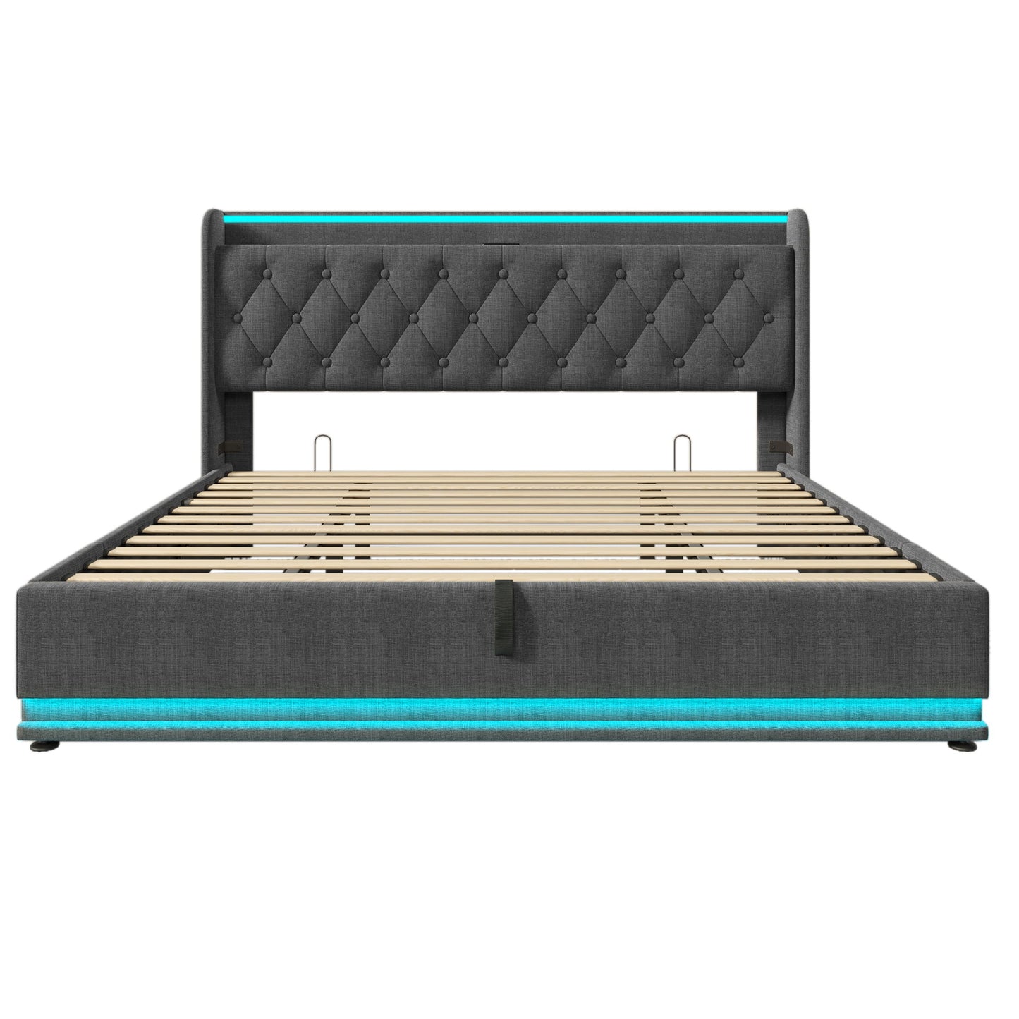Upholstered Bed, 360 Surround LED Function, Remote Control, Hydraulic Storage Bed With USB, Type-C Charging (Without Mattress)
