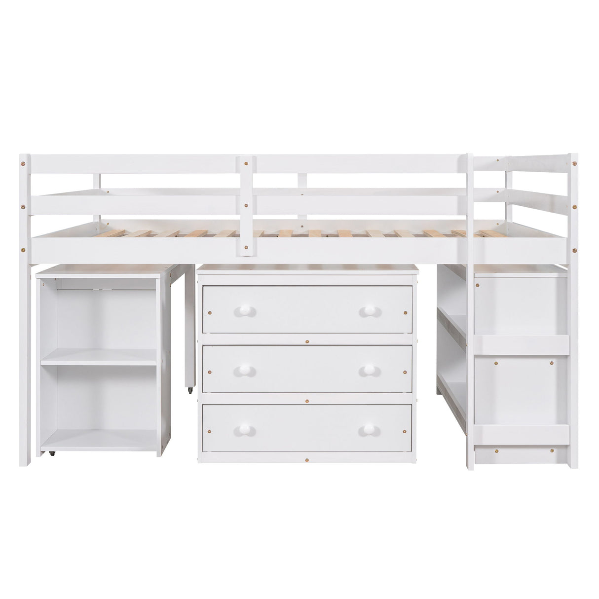 Loft Low Study Bed With Cabinet, Shelves And Rolling Portable Desk, Multiple Functions