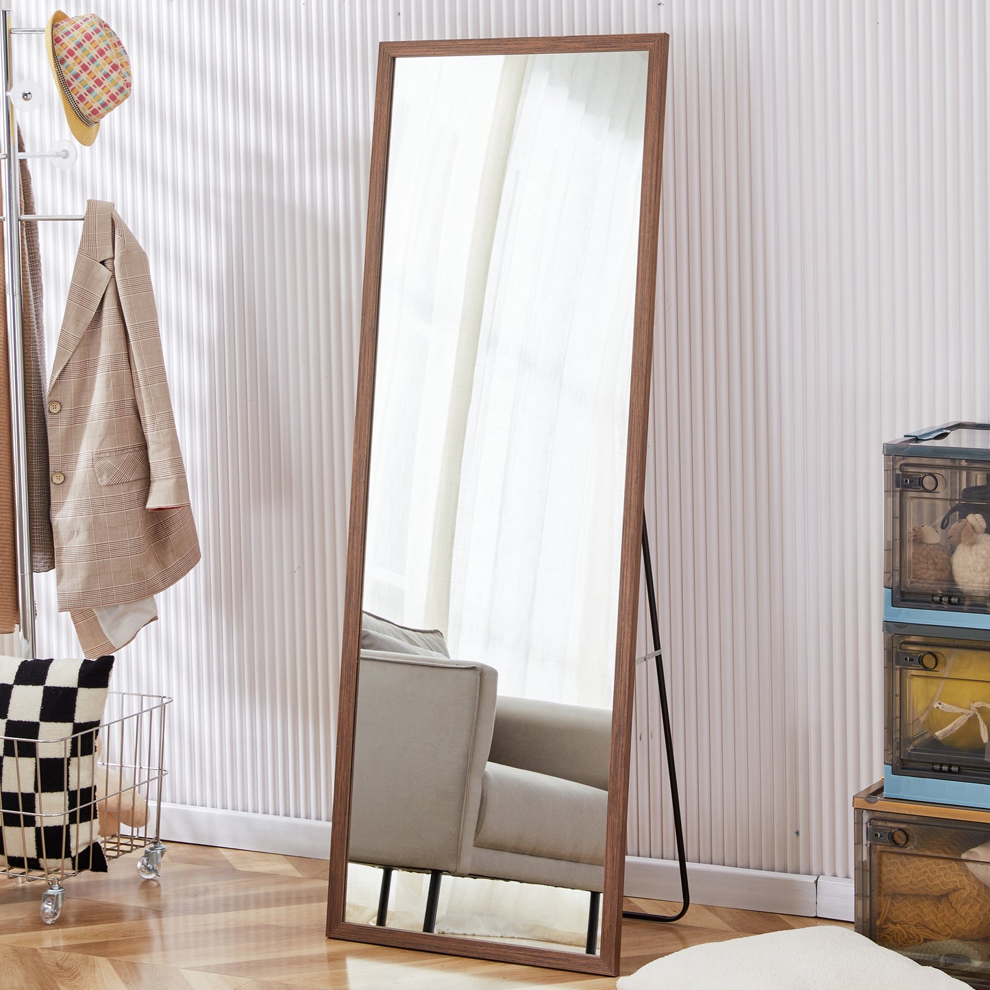 Third generation packaging upgrade, thickened border, brown wood grain solid wood frame full length mirror, dressing mirror, bedroom entrance, decorative mirror, and floor standing mirror.65"*22.8"