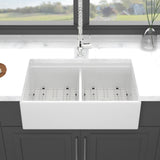 Farmhouse Sink Workstation 33" Ceramic Double Bowl Kitchen Sink With Ledges - White