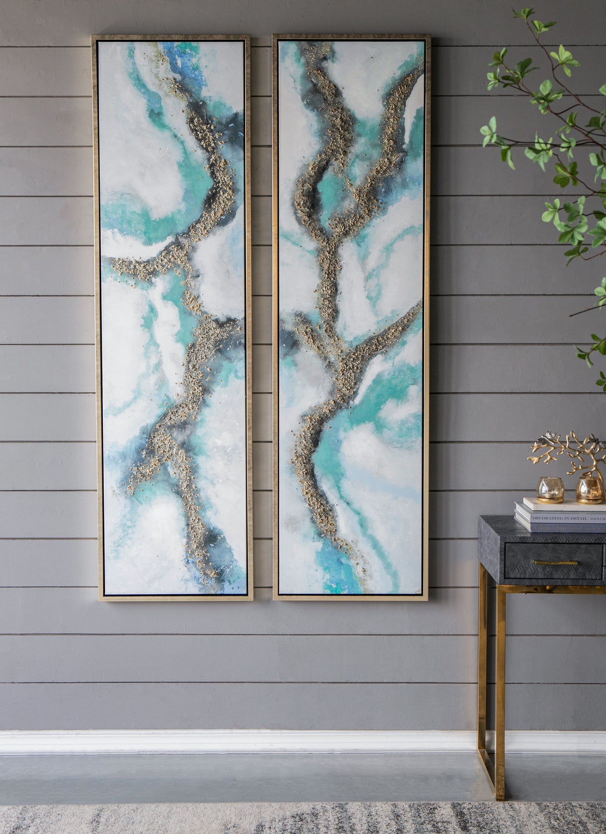 Elongated Modern Abstract Oil Painting, Rectangle Framed Wall Art (Set of 2) - Multicolor