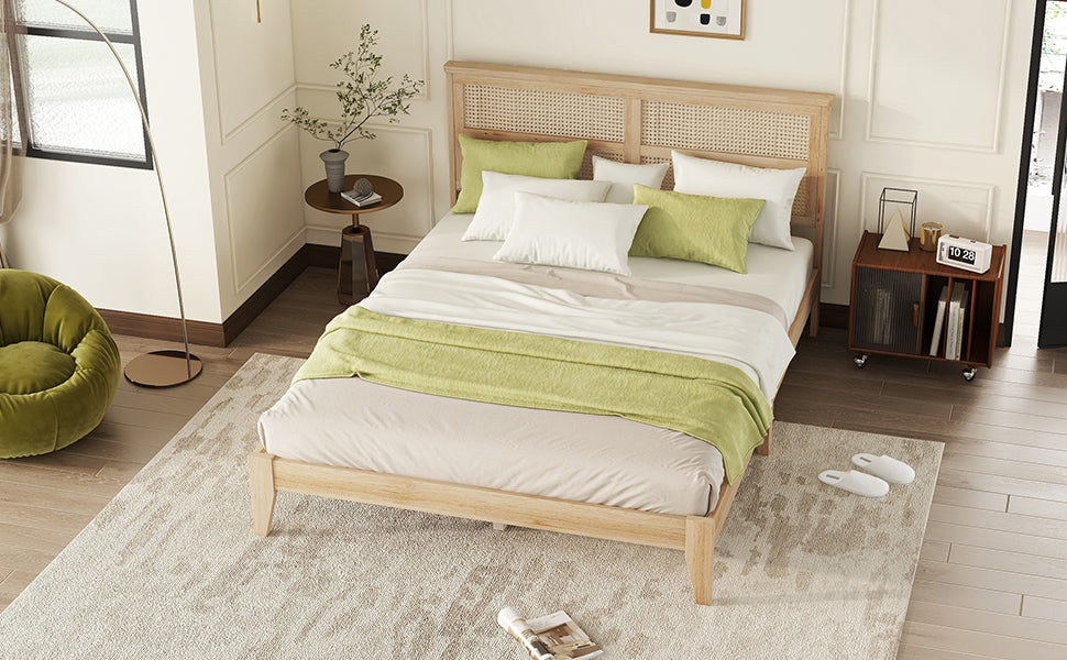 Queen Size Rubber Wooden, Solid Wooden Bed with Rattan Headboard, Enhanced by Support Feet,Oak White