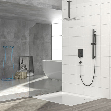 Ceiling Mounted Square Shower System With Adjustable Slide Bar, 16" Rainfall Shower With Handheld - Matte Black